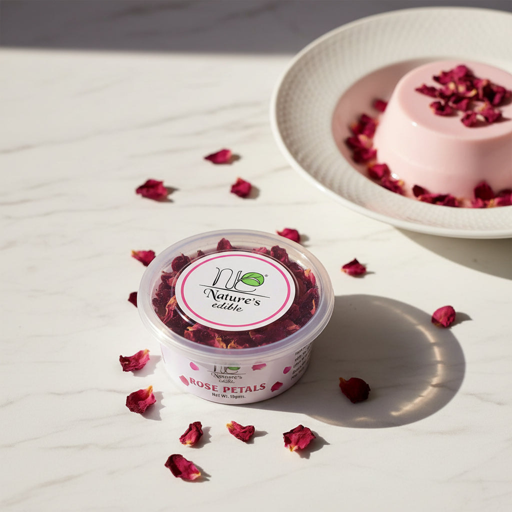 One containers of Nature's Edible rose petals on a bed of pink rose petals.