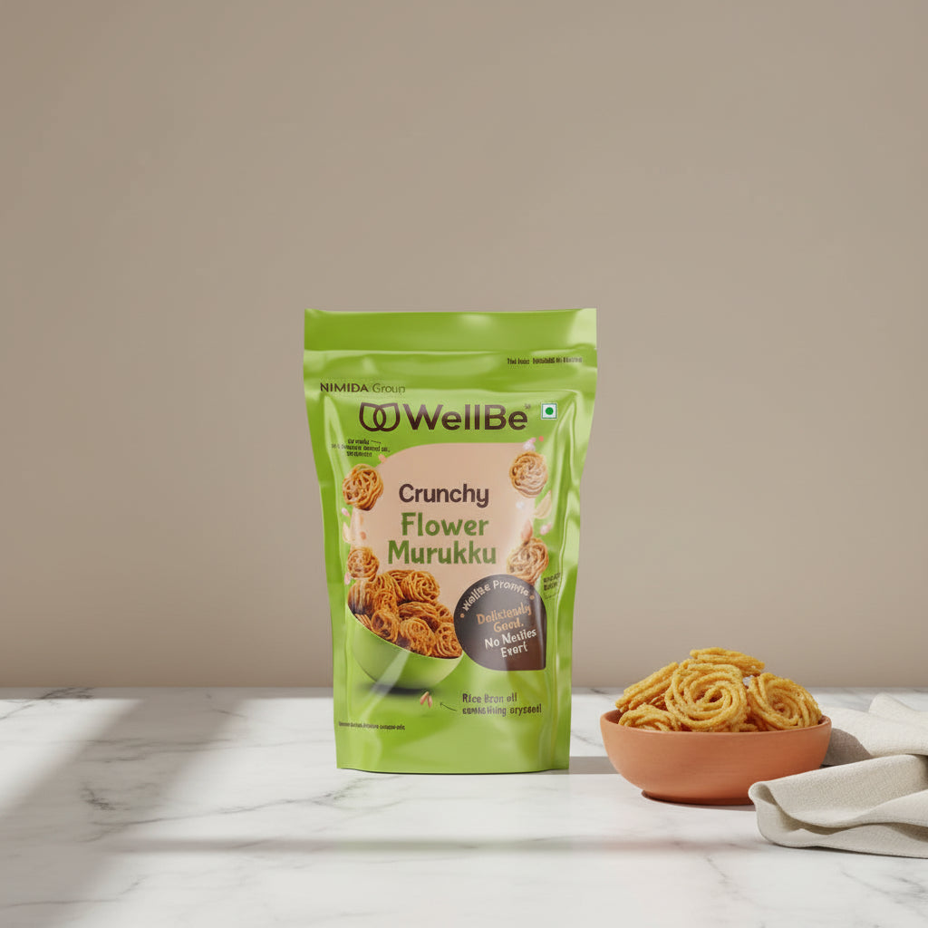 Green package of WellBe Crunchy Flower Murukku on a kitchen counter