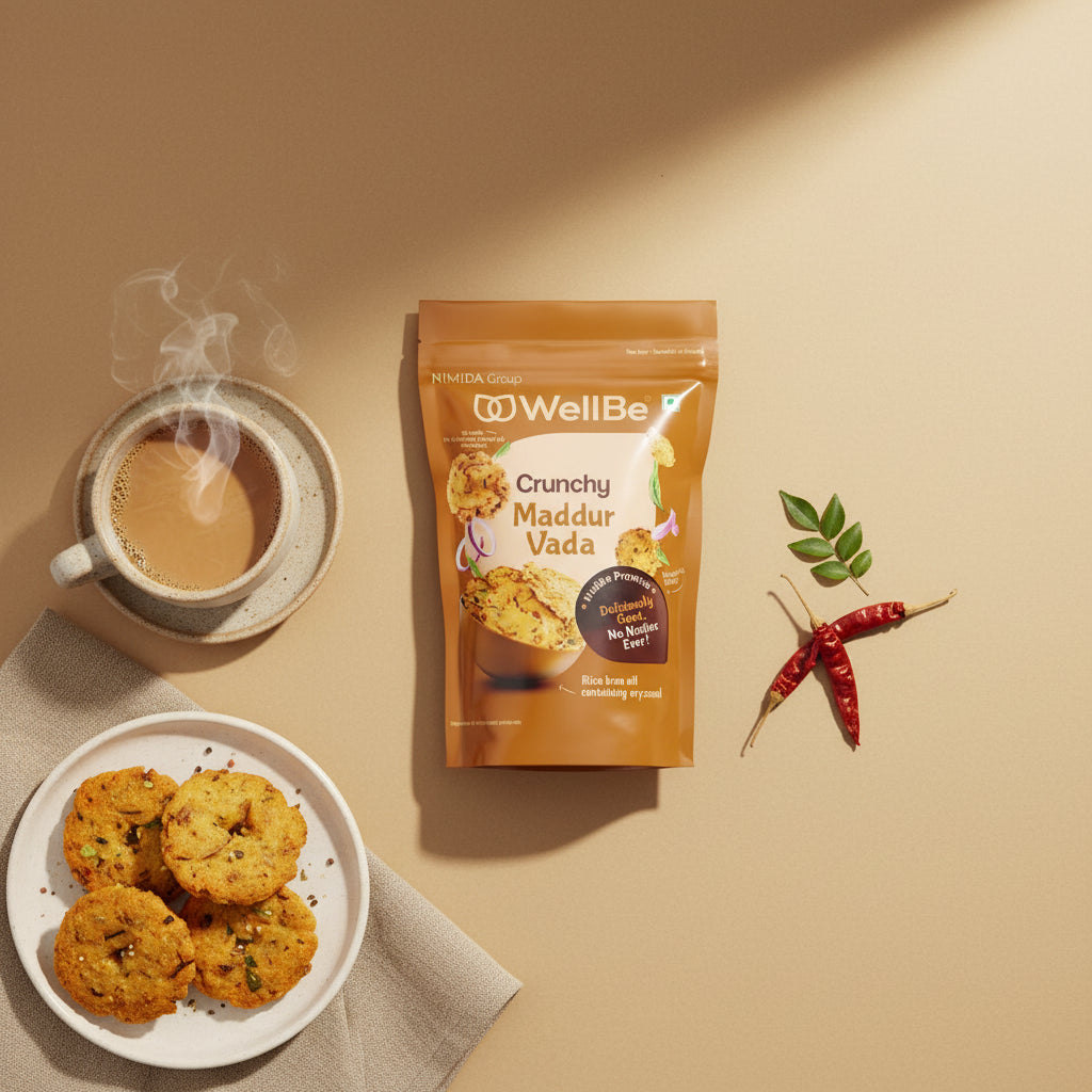 Packaging of WellBe Crunchy Maddur Vada on a wooden surface with a blurred kitchen background
