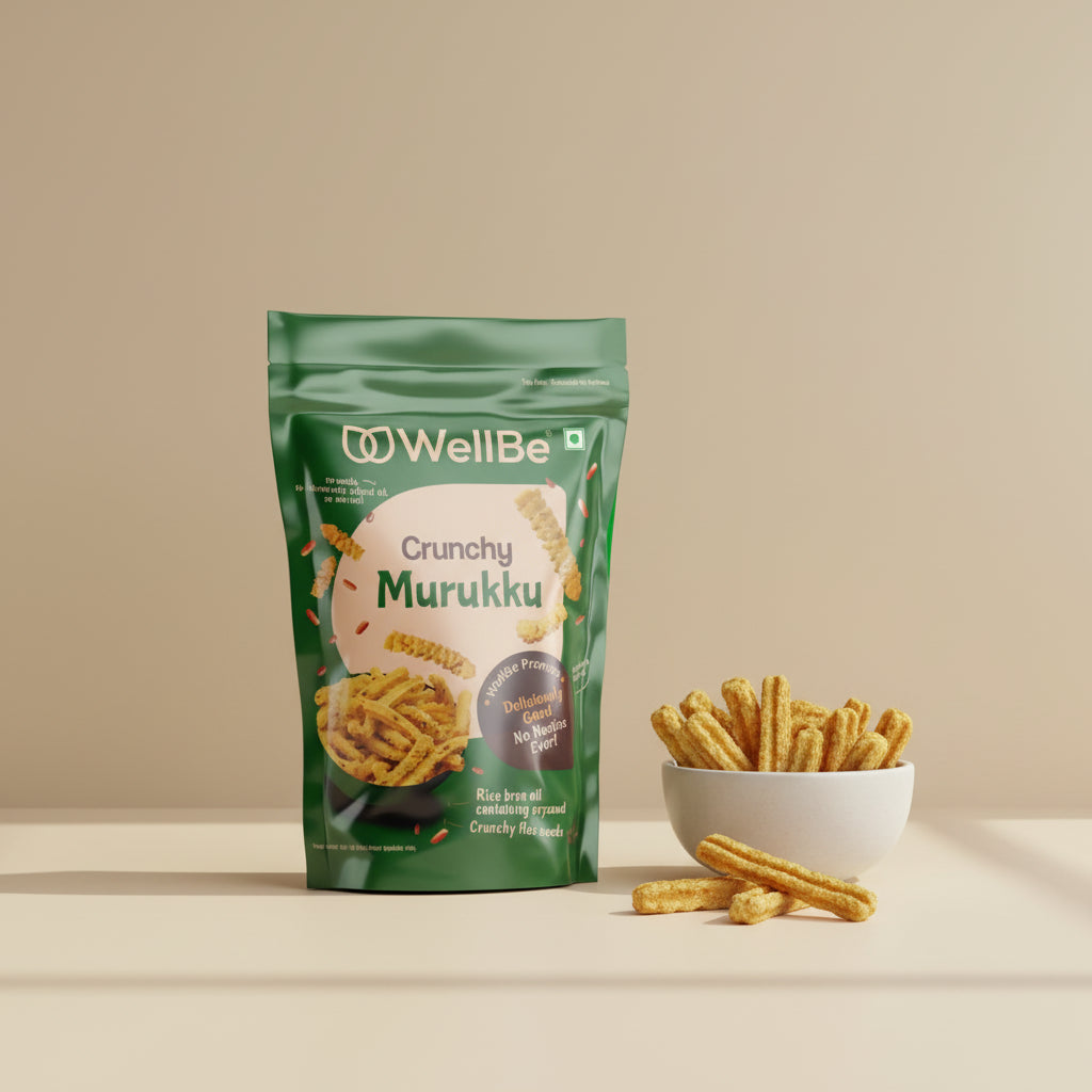 Green package of WellBe Crunchy Murukku with murukku snacks on a beige background