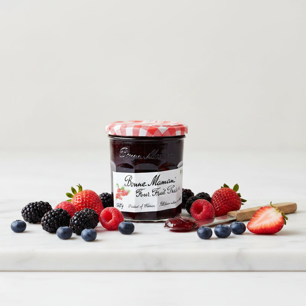 A glass jar of Bonne Maman Four Fruit Réserves jam with a red and white checkered lid, set against a plain white background.
