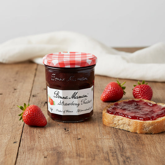 Bonne Maman Strawberry Preserve 370g – Imported French Strawberry Jam Jar with Fresh Strawberries and Toast on Wooden Table