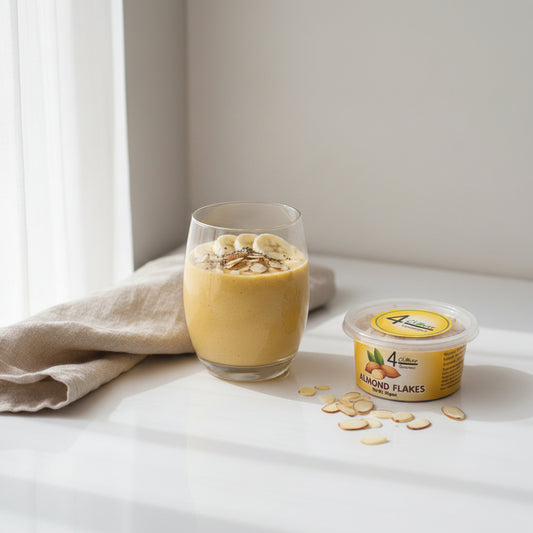Container of 4Clover Gourmet Almond Flakes with almonds around it
