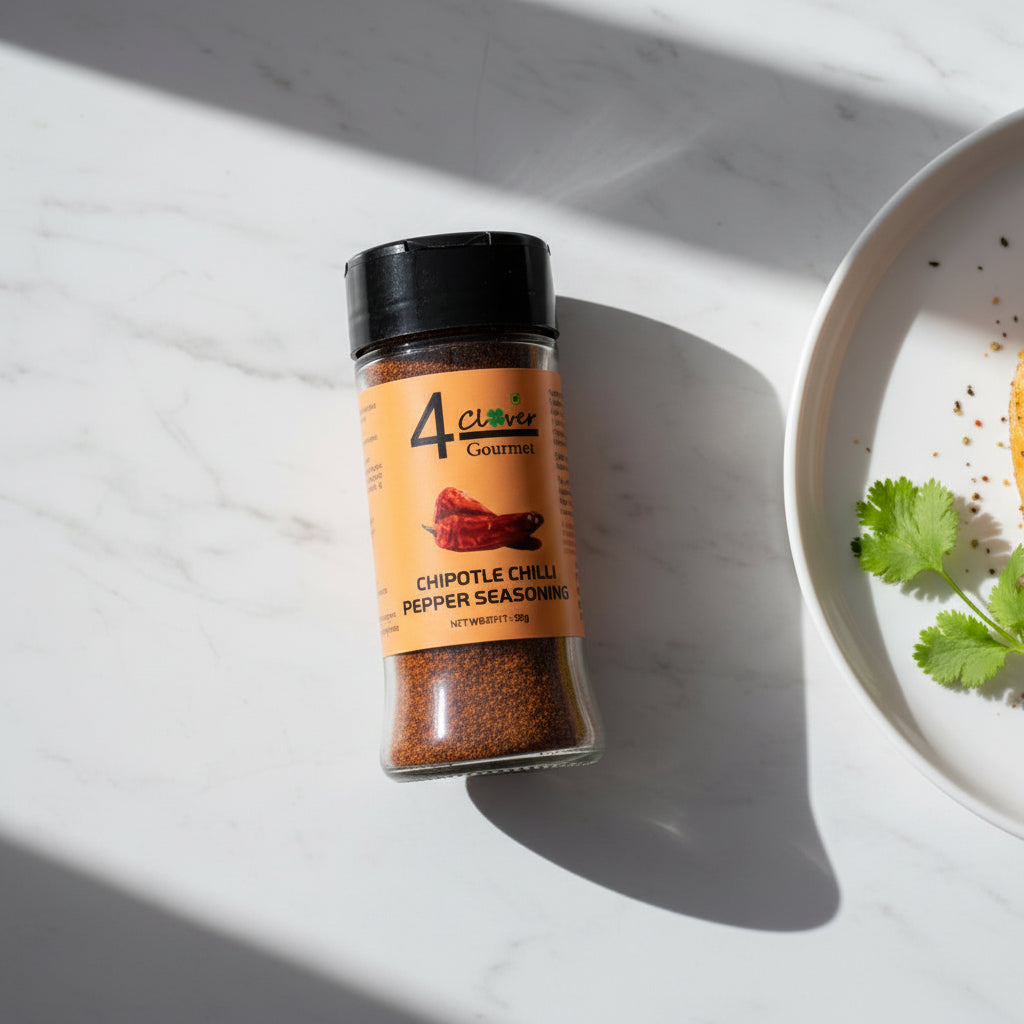 Four Clover Chipotle Chilli Pepper Seasoning 50g - spice shaker jar with fresh red, yellow and orange chilli peppers