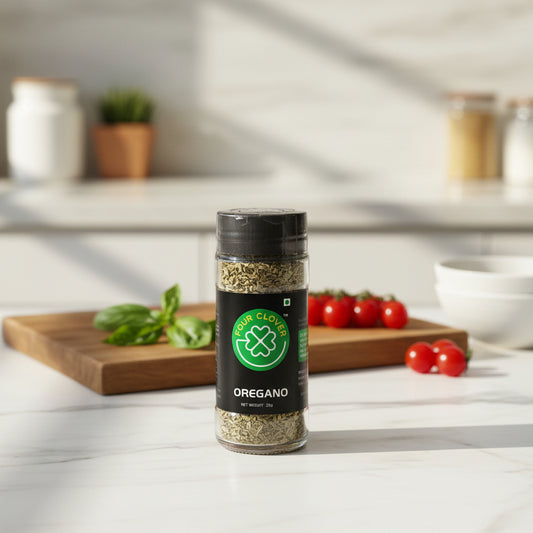Bottle of oregano on a surface with a neutral background