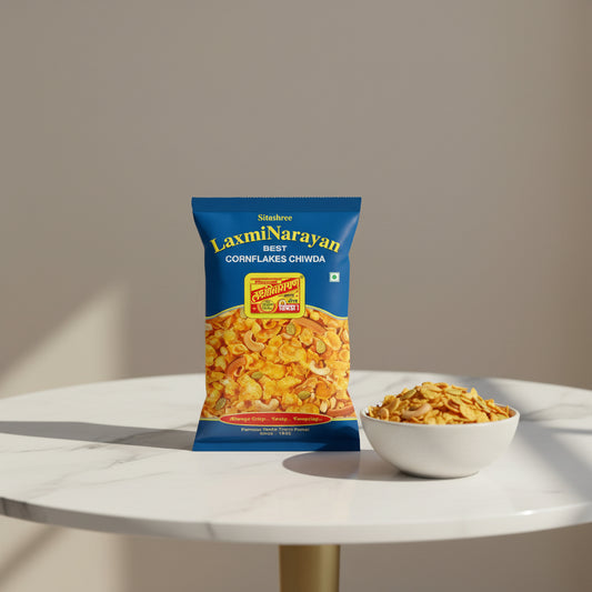 Bag of Laxmi Narayan Cornflakes Chiwda on a light gray background