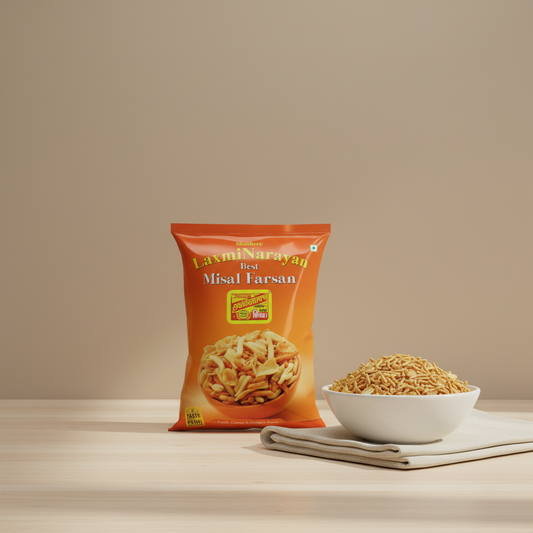 Packaged snack with 'Laxmi Narayan' branding on a gray background