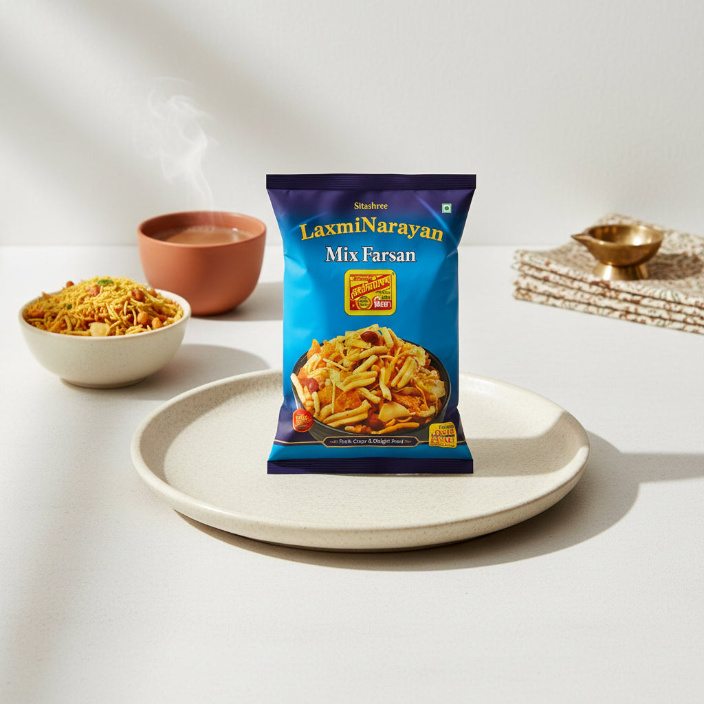 Laxmi Narayan Mix Farsan packaging on a gray background