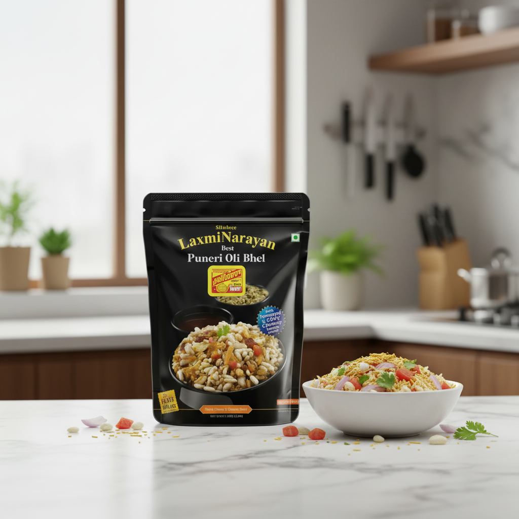 Laxmi Narayan Puneri Oli Bhel packaging on a gray background