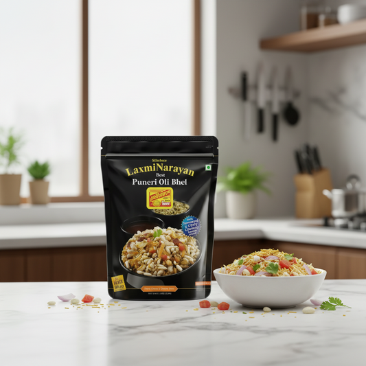 Laxmi Narayan Puneri Oli Bhel packaging on a gray background