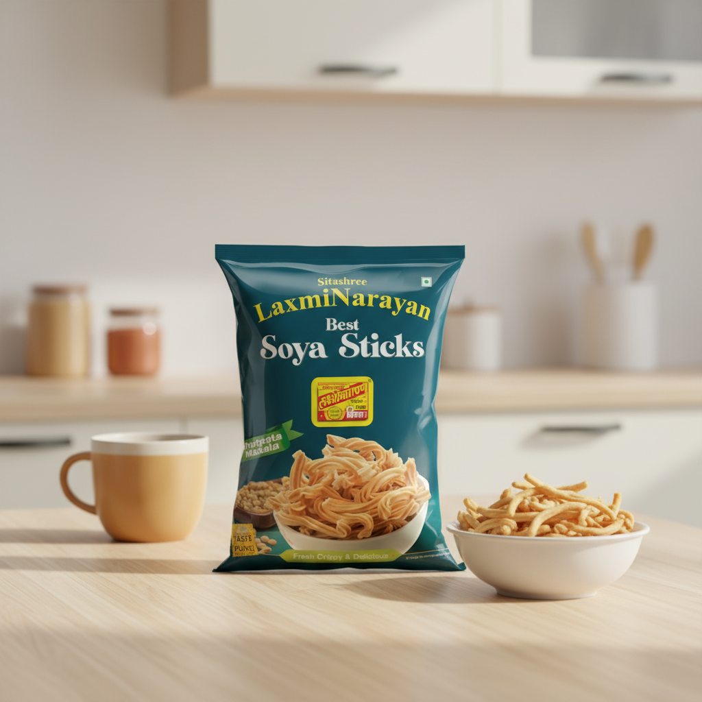 Packaging of Laxmi Narayan Soya Sticks with visible brand name on a gray background