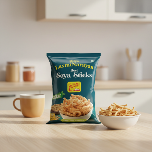 Packaging of Laxmi Narayan Soya Sticks with visible brand name on a gray background