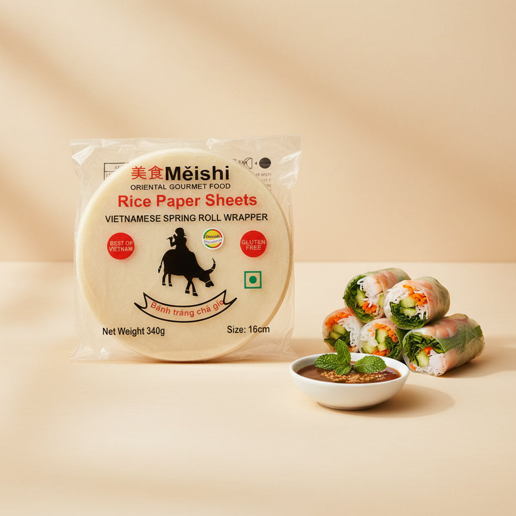 A package of Meishi Rice Paper Sheets, also known as Vietnamese spring roll wrapper, containing 15cm round sheets. The product is sealed in a clear plastic bag with a white label featuring red and black text and a black buffalo graphic.