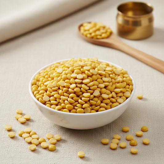 Yellow lentils in a white bowl on a gray background