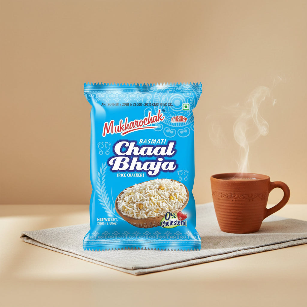 Blue package of Mukharochak Basmati Chaal Bhaja rice crackers on a white background