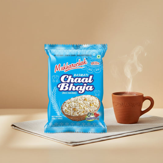 Blue package of Mukharochak Basmati Chaal Bhaja rice crackers on a white background