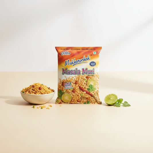 Mukharochak Masala Muri packaging with text and images of food on a white background