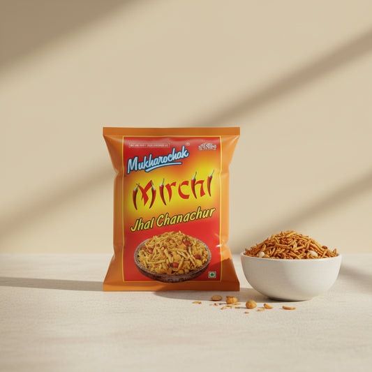 Mukharock Mirchi Jhal Chanachur packaging on a white background