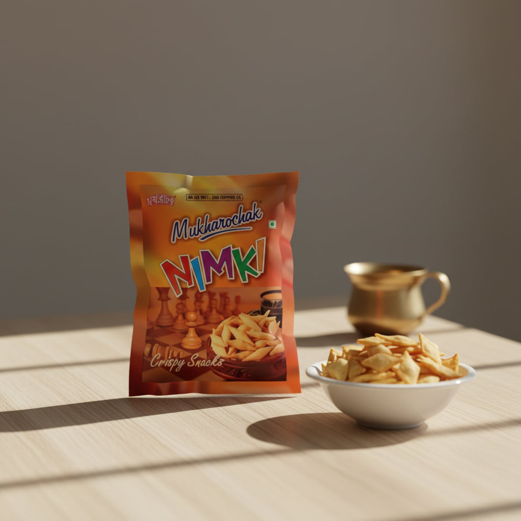 Mukharochak Nimki crispy snacks packaging on a white background