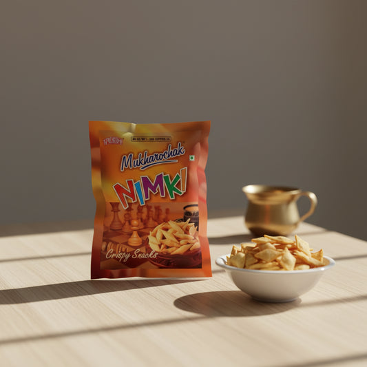 Mukharochak Nimki crispy snacks packaging on a white background