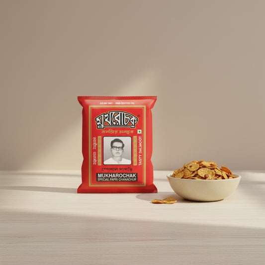 Red package of Mukharochak Special Papri Chanachur with a portrait on a white background