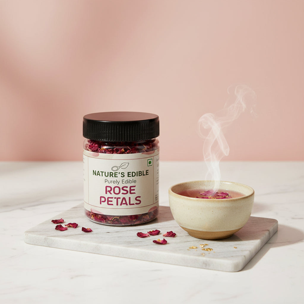 A jar of Nature's Edible Purely Edible Rose Petals, featuring a black screw cap and a cream-colored label with dark green and maroon text, set against a textured pinkish-beige background.