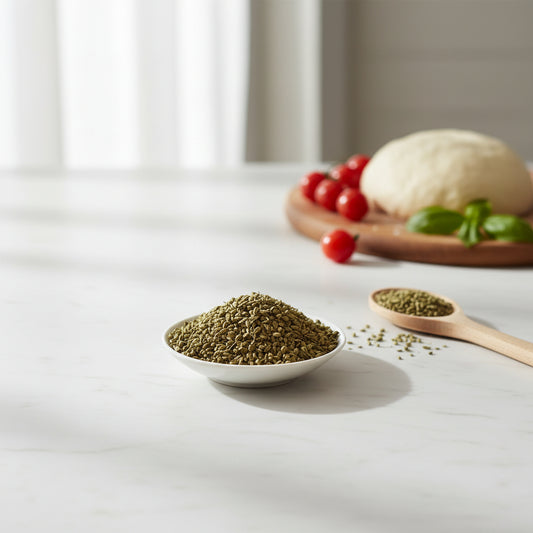 Green herbs in a small metal scoop on a white background