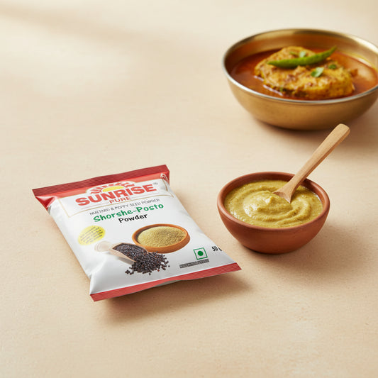 Sunrise Pure Shorshe-Posto Powder 50g pack - mustard and poppy seed blend for authentic Bengali cooking