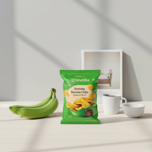 Green package of WellBe Crunchy Banana Chips with Himalayan Pink Salt on a blurred kitchen background