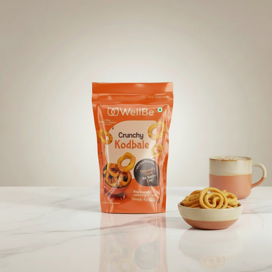 WellBe Crunchy Kodbale packaging on a wooden surface with a blurred background