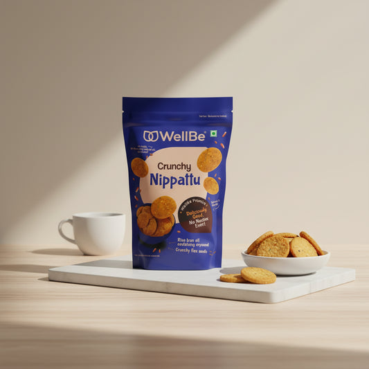 Packaging of WellBe Crunchy Nippattu on a kitchen counter